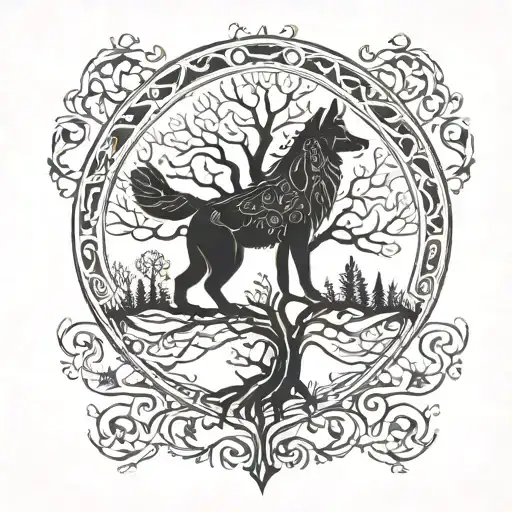 nordic tree of life and wolf tattoo design idea