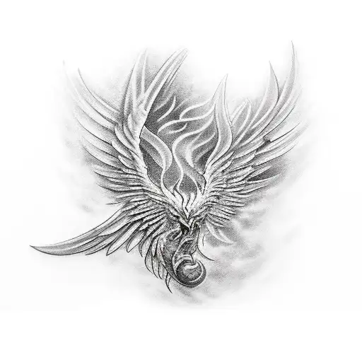 big phoenix in black sky fire stone Valhalla on the back stage tattoo design idea