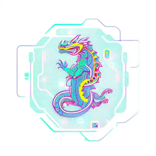 An intricate new-school design featuring a robotic dragon playing a futuristic keyboard with neon lights and circuit patterns tattoo design idea