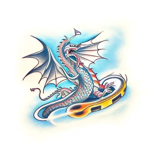 A traditional tattoo of a keyboard with a dragon wrapped around it, symbolizing the harmony between music and mythical creatures tattoo design idea
