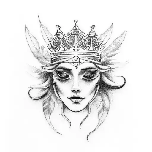 I have a tattoo on arm - line with crown with feathers, create continue  tattoo design idea