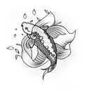 A serene koi fish swimming peacefully in a pond surrounded by delicate lotus flowers tattoo design idea
