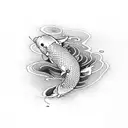 A serene koi fish swimming peacefully in a pond surrounded by delicate lotus flowers tattoo design idea