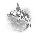 A serene koi fish swimming peacefully in a pond surrounded by delicate lotus flowers tattoo design idea