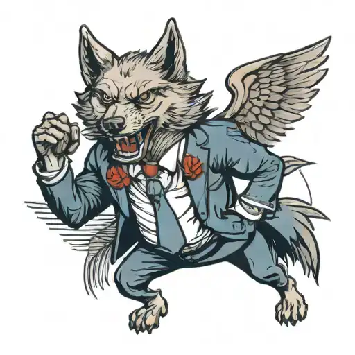 A new-school design of a wolf with wings wearing a suit and tie, representing the sophisticated nature of forex trading tattoo design idea