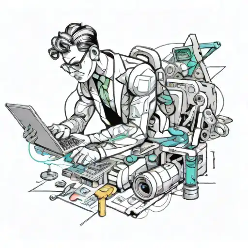 An intricate new-school design of a forex trader surrounded by futuristic technology tattoo design idea