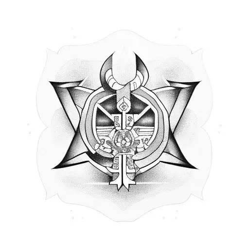 A dotwork tattoo of a family crest with crossed swords and money symbols, representing the client's dedication to both family and their business tattoo design idea