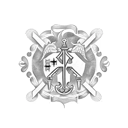 A dotwork tattoo of a family crest with crossed swords and money symbols, representing the client's dedication to both family and their business tattoo design idea
