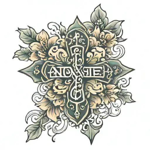flower cross surrounded with words "to love another person is to see the face of god" tattoo design idea