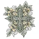 flower cross surrounded with words "to love another person is to see the face of god" tattoo design idea