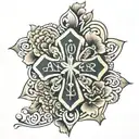 flower cross surrounded with words "to love another person is to see the face of god" tattoo design idea
