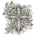 flower cross surrounded with words "to love another person is to see the face of god" tattoo design idea
