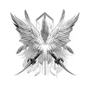 A single eagle wing with feathers that gradually transition into blades. The wing is depicted in a dynamic, sweeping mot tattoo design idea