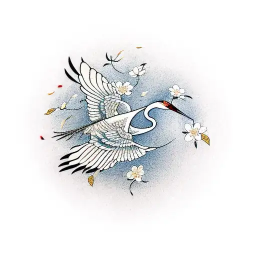 A crane gracefully flying over an open book, with cherry blossom petals trailing behind tattoo design idea