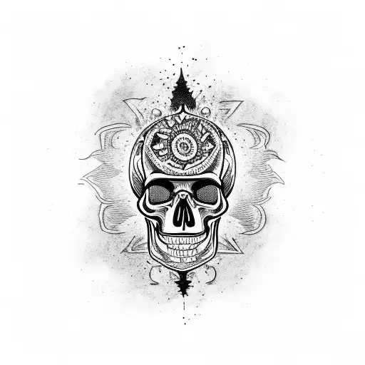 Skull surrounded by tribal flames in blackwork style tattoo design idea