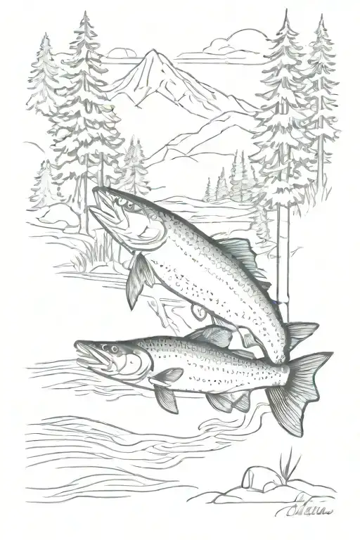 flyfishing, mountain stream, pine tree, salmon tattoo design idea