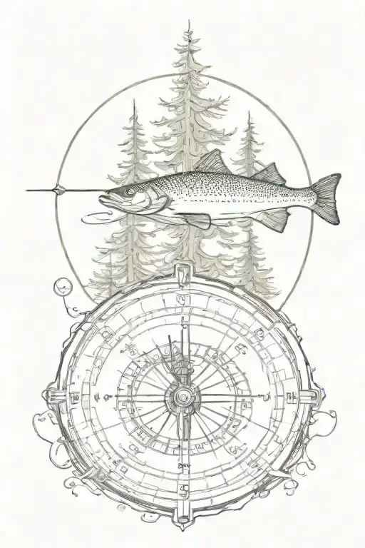 fly fishing, pine tree Lapland map compass tattoo design idea