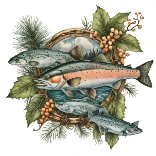 pine, river, salmon, cloudberry tattoo design idea