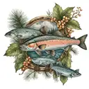 pine, river, salmon, cloudberry tattoo design idea