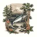pine, river, salmon, cloudberry tattoo design idea