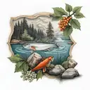 pine, river, salmon, cloudberry tattoo design idea