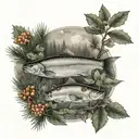 pine, river, salmon, cloudberry tattoo design idea