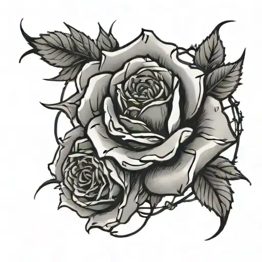 A minimalist black and grey tattoo of barbed wire transforming into blooming roses, representing resilience and beauty in adversity tattoo design idea