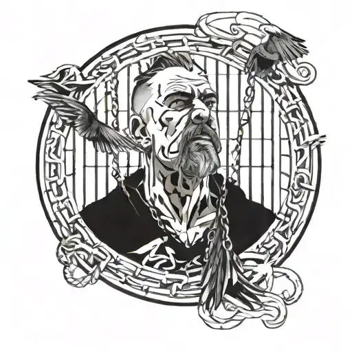 A portrait-style tattoo of your dad in jail, surrounded by symbolic elements of strength and support like chains breaking and birds flying free tattoo design idea