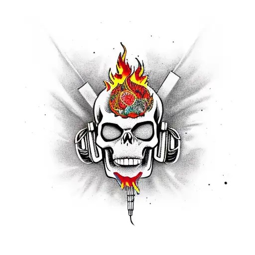 A traditional style design of a boombox engulfed in flames, with a skull wearing headphones, representing the rebellious and fiery spirit of hiphop culture tattoo design idea