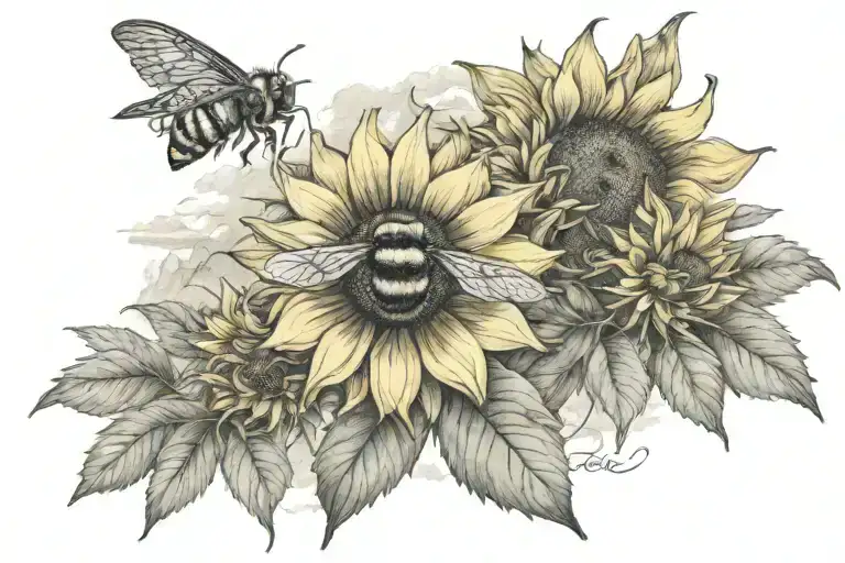 Teton mountain range, trails,  sunflowers, small bumble bee  tattoo design idea
