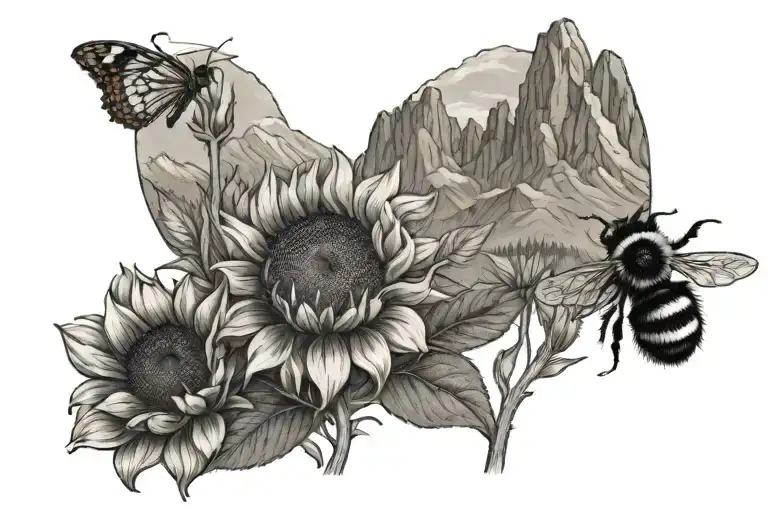 Teton mountain, trails,  sunflowers, small bumble bee  tattoo design idea