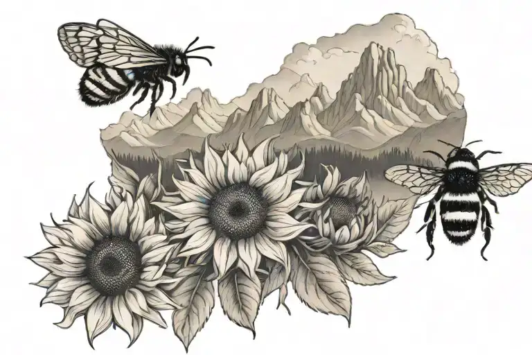 Teton mountain, trails,  sunflowers, small bumble bee  tattoo design idea