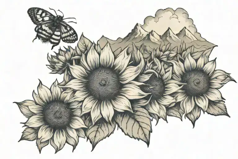 Teton mountain range, trails,  sunflowers, small bumble bee  tattoo design idea