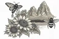 Teton mountain, trails,  sunflowers, small bumble bee  tattoo design idea