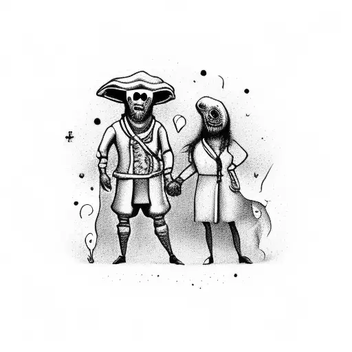 male and female plague doctors holding hands tattoo design idea