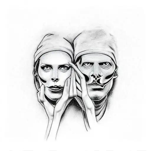 male and female plague doctors holding hands tattoo design idea