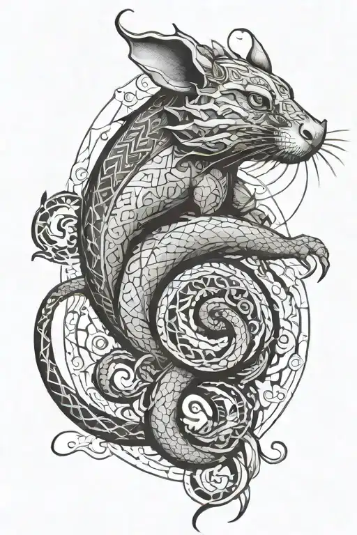 Create a tattoo design that separatley incorporates a rat, dragon, pig, and snake.  tattoo design idea