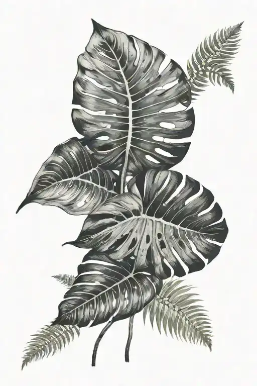 monstera deliciosa and boston fern leaf tattoo design idea