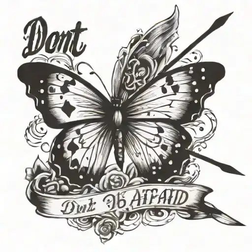 Butterfly with an arrow and  a sentence 'don't be afraid'  tattoo design idea