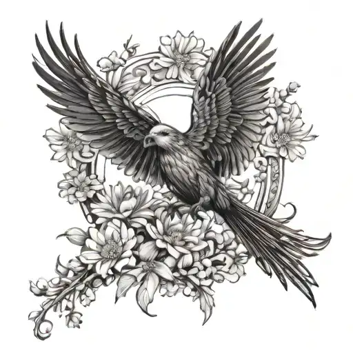 A black-grey tattoo design of a majestic bird in flight, surrounded by a border of blooming aster, daisy, and larkspur flowers tattoo design idea