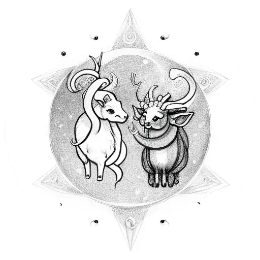 capricorn and taurus as super cute baby animals with big eyes holding hands while floating in universe tattoo design idea