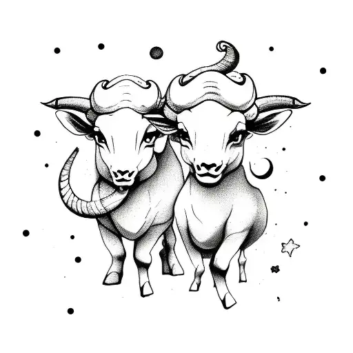 capricorn and taurus as super cute baby animals with big eyes holding hands while floating in universe tattoo design idea