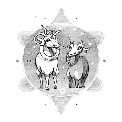 capricorn and taurus as super cute baby animals with big eyes holding hands while floating in universe tattoo design idea