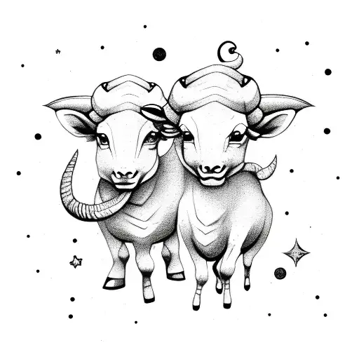 capricorn and taurus as cute baby animals holding hands while floating on universe background tattoo design idea
