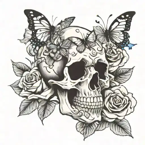 skull roses and butterflies tattoo design idea