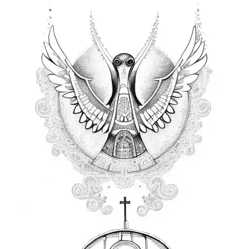 An intricate dotwork design featuring a dove perched on a church bell tower, with intricate patterns and geometric shapes tattoo design idea