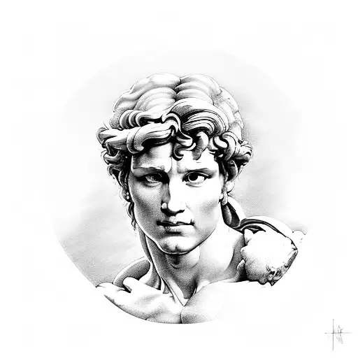 A beautifully detailed sketch of David by Michelangelo, with delicate shading and cross-hatching, dove, rose tattoo design idea