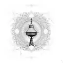 An intricate dotwork design featuring a dove perched on a church bell tower, with intricate patterns and geometric shapes tattoo design idea