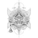 An intricate dotwork design featuring a dove perched on a church bell tower, with intricate patterns and geometric shapes tattoo design idea