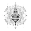 An intricate dotwork design featuring a dove perched on a church bell tower, with intricate patterns and geometric shapes tattoo design idea